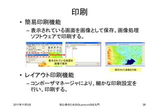 印刷
   • 簡易印刷機能
       – 表示されている画面を画像として保存、画像処理
         ソフトウェアで印刷する。



             表示されている地図を
               画像で保存

                                       保存された画像を印刷

   • レイアウト印刷機能
       – コンポーザマネージャにより、細かな印刷設定を
         行い、印刷する。

2011年11月5日       初心者のためのＱｕａｎｔｕｍＧＩＳ入門                38
 
