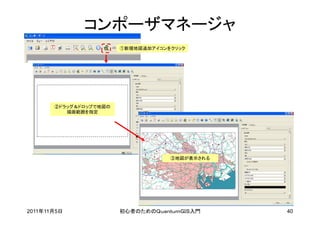 コンポーザマネージャ
                        ①新規地図追加アイコンをクリック




       ②ドラッグ＆ドロップで地図の
          描画範囲を指定




                                    ③地図が表示される




2011年11月5日              初心者のためのＱｕａｎｔｕｍＧＩＳ入門     40
 