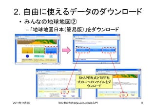 2. 自由に使えるデータのダウンロード
   • みんなの地球地図②
       – 「地球地図日本（簡易版）」をダウンロード




                       SHAPE形式とTIFF形
                       式の二つのファイルをダ
                           ウンロード




2011年11月5日    初心者のためのＱｕａｎｔｕｍＧＩＳ入門      8
 
