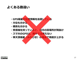 17
・GPS衛星が位置情報を送信している
・方位も分かる
・標高も分かる
・受信機を持っていると、自分の居場所が筒抜け
・スマホのGPSは、圏外では使えない
・準天頂衛星（みちびき）の電波で精度が上がる
よくある勘違い
 