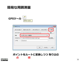 32
GPSツール
簡易な周囲測量
ポイントをルートに変換しつつ 取り込む
　 点　　　 線
 