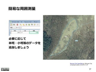 37
必要に応じて
林班・小班等のデータを
追加しましょう
簡易な周囲測量
Muroran City OpenData by Muroran City
is licensed under a CC BY 2.1 JP
 