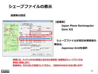 73
【座標系】
　　　Japan Plane Rectangular
　　　Zone XII
　シェープファイルが旧日本測地系の
場合は、
　　　Japanese Gridを選択
シェープファイルの表示
座標系の設定
実際には、ハンディGPSの設定に合わせた測地系・座標系のシェープファイルを
事前に用意します。
変換時も、それに応じた設定にしてください。（ほぼWGS84になると思います）
 
