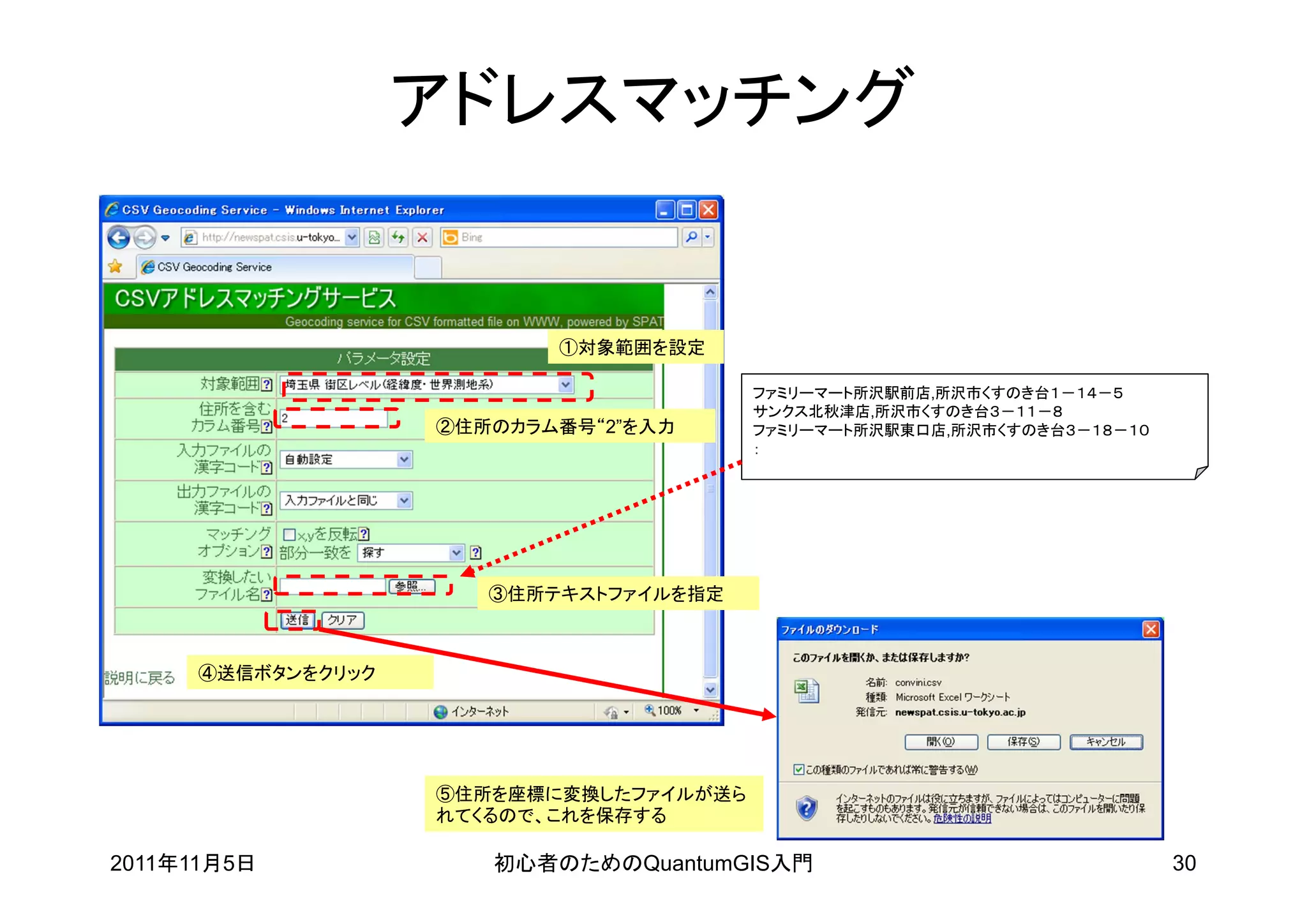アドレスマッチング


                           ①対象範囲を設定

                                         ファミリーマート所沢駅前店,所沢市くすのき台１－１４－５
                                         サンクス北秋津店,所沢市くすのき台３－１１－８
                    ②住所のカラム番号“2”を入力      ファミリーマート所沢駅東口店,所沢市くすのき台３－１８－１０
                                         ：




                       ③住所テキストファイルを指定



      ④送信ボタンをクリック




                    ⑤住所を座標に変換したファイルが送ら
                    れてくるので、これを保存する

2011年11月5日             初心者のためのQuantumGIS入門                                30
 