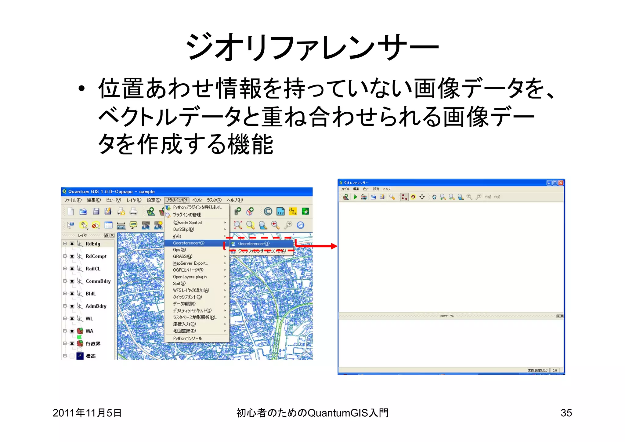 ジオリファレンサー
   • 位置あわせ情報を持っていない画像データを、
     ベクトルデータと重ね合わせられる画像デー
     タを作成する機能




2011年11月5日    初心者のためのQuantumGIS入門   35
 