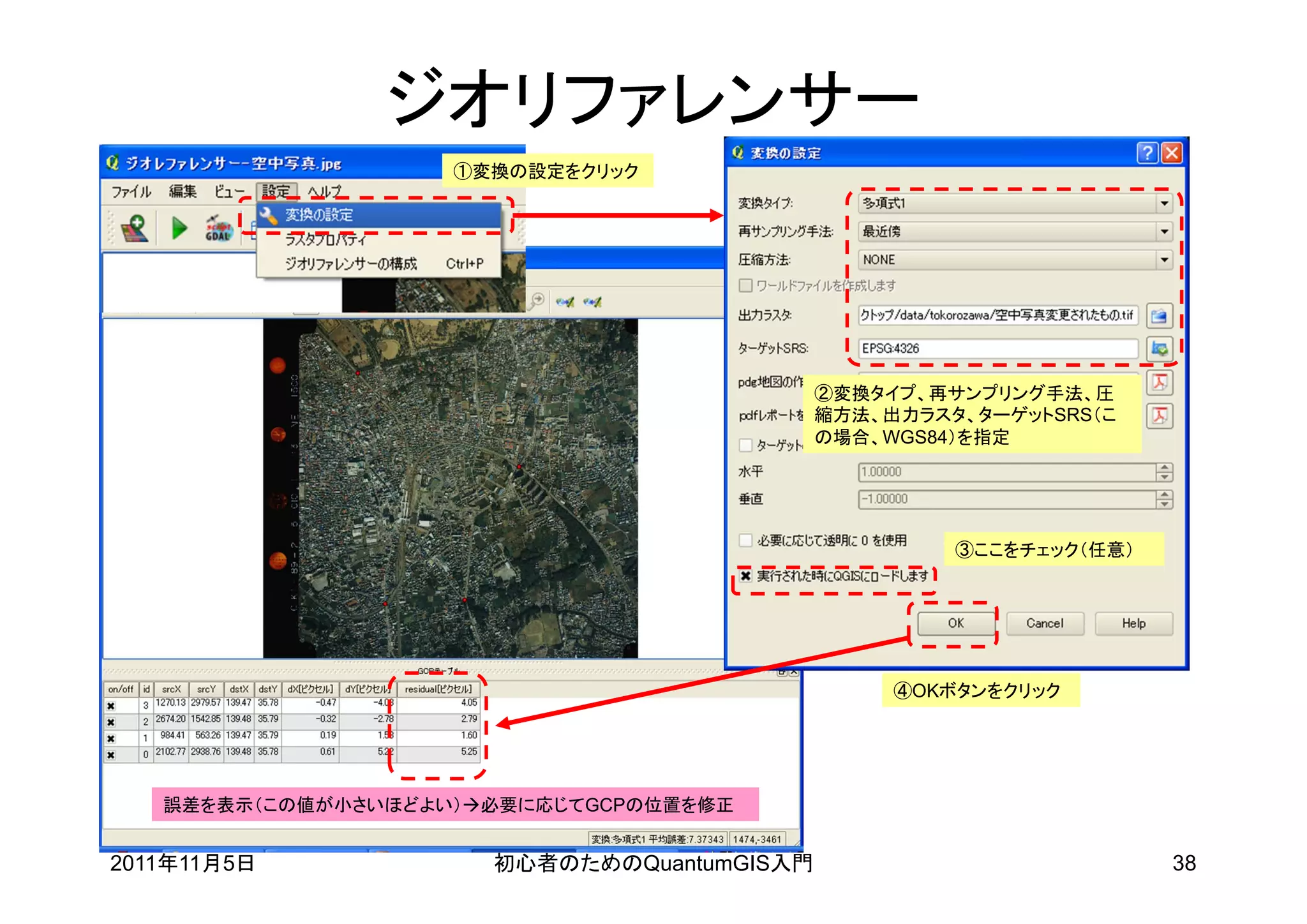 ジオリファレンサー
                    ①変換の設定をクリック




                                            ②変換タイプ、再サンプリング手法、圧
                                            縮方法、出力ラスタ、ターゲットSRS（こ
                                            の場合、WGS84）を指定




                                                     ③ここをチェック（任意）




                                                 ④OKボタンをクリック




   誤差を表示（この値が小さいほどよい）必要に応じてGCPの位置を修正


2011年11月5日            初心者のためのQuantumGIS入門                           38
 