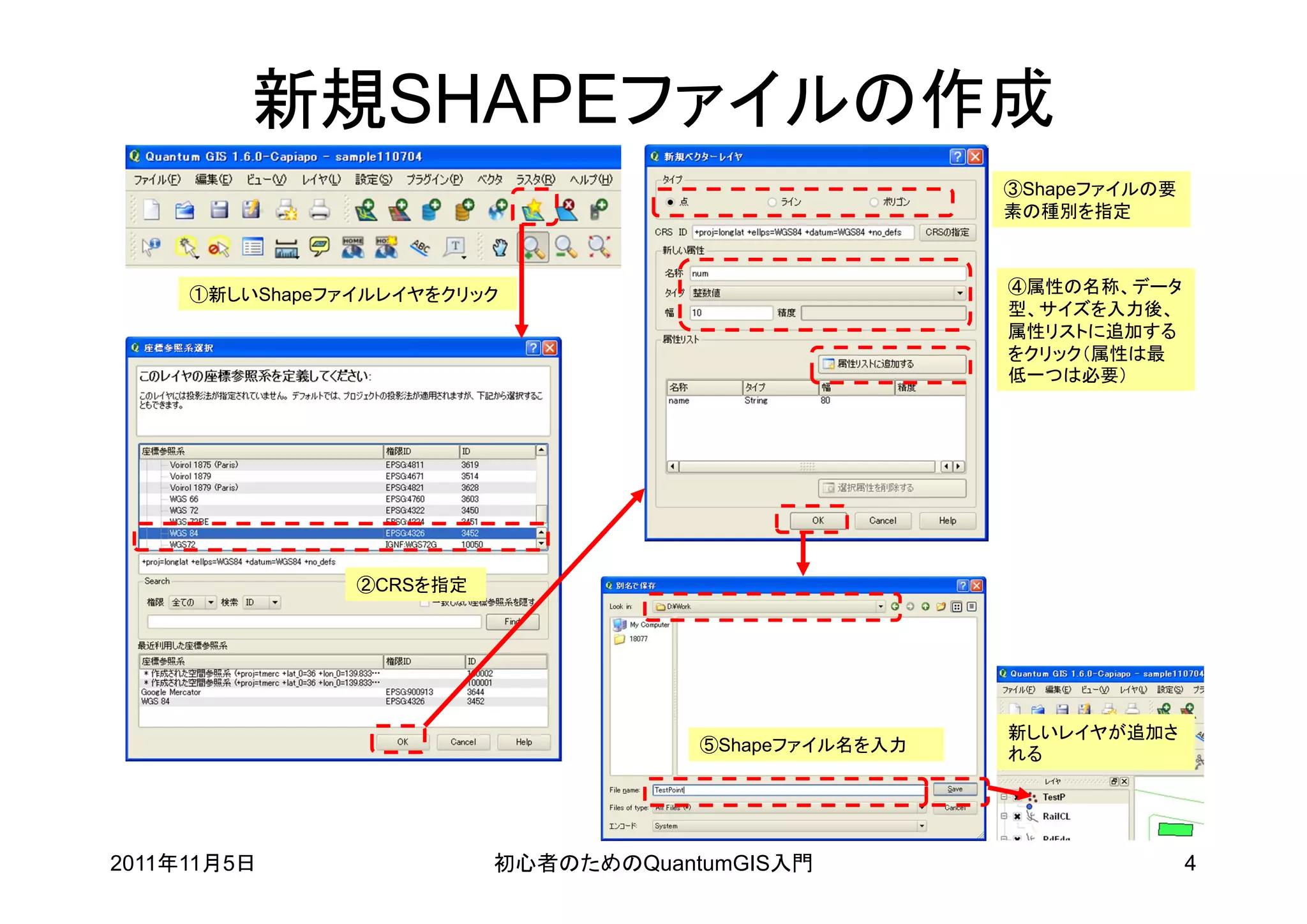 新規SHAPEファイルの作成
                                                       ③Shapeファイルの要
                                                       素の種別を指定



     ①新しいShapeファイルレイヤをクリック                             ④属性の名称、データ
                                                       型、サイズを入力後、
                                                       属性リストに追加する
                                                       をクリック（属性は最
                                                       低一つは必要）




                ②CRSを指定




                                                       新しいレイヤが追加さ
                                      ⑤Shapeファイル名を入力   れる




2011年11月5日                初心者のためのQuantumGIS入門                         4
 
