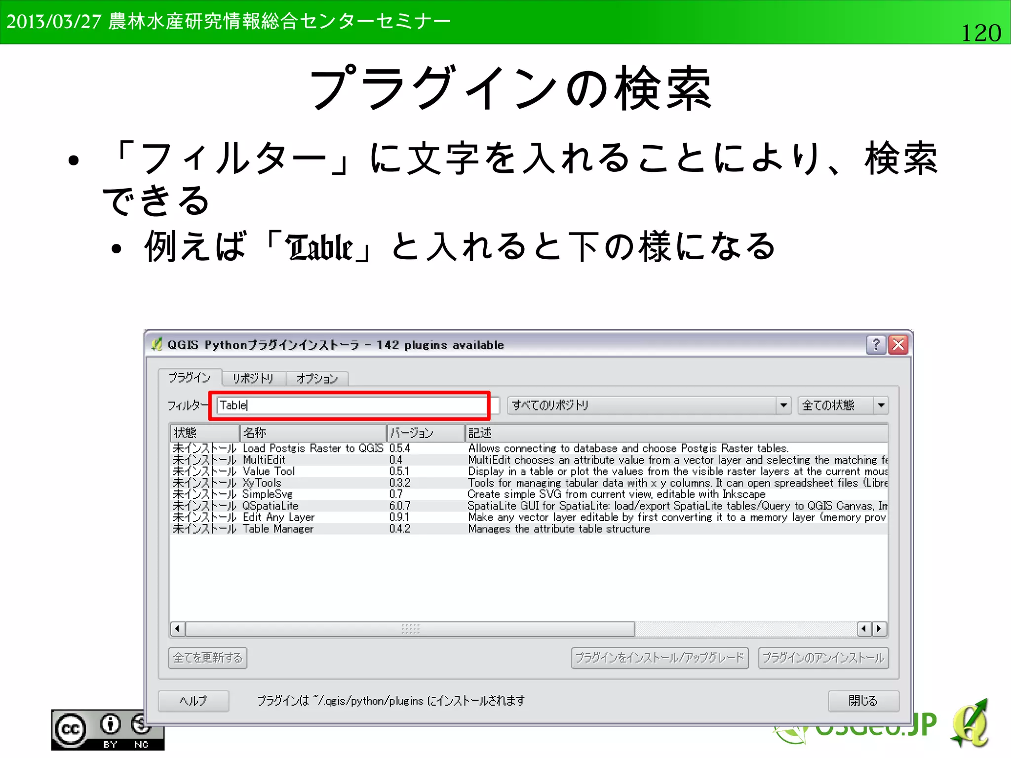 2014/09/02 農林水産研究情報総合センター QGIS中級120 
 