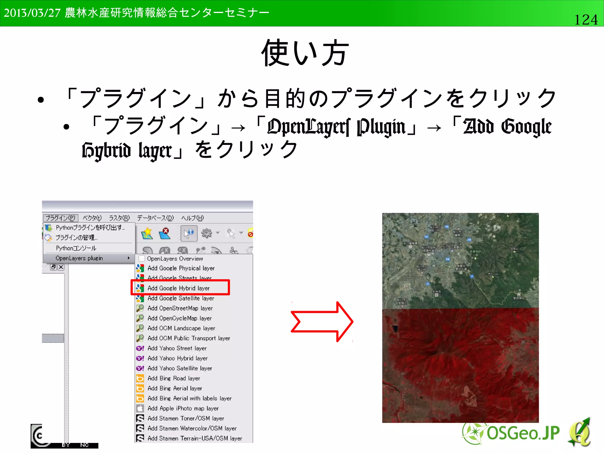 2014/09/02 農林水産研究情報総合センター QGIS中級124 
QGISのラスタ分析 
● メニューのラスタから選択 
● ラスタ計算機 
● 投影法 
● 変換 
● 抽出 
● 解析 
● その他 
● GdalTools設定 
 