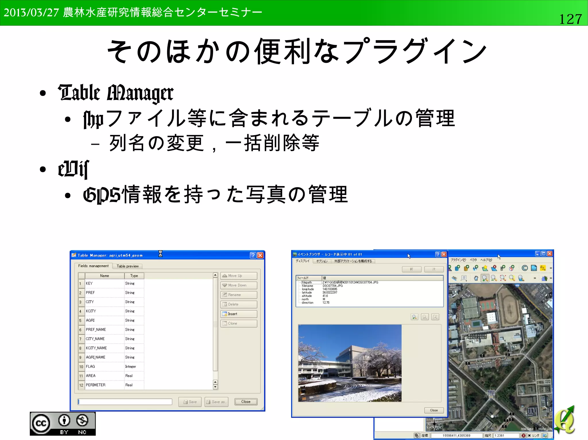 2014/09/02 農林水産研究情報総合センター QGIS中級127 
ワープ（再投影）ツール 
● 投影法の変換を行う 
● 緯度経度 ←→ UTM 
● ワープ(再投影)をクリック 
● 入力ファイルで”AST_GDEM”を 
選択 
● 出力ファイルを”AST_GDEM_ 
UTM54_2.tif”と設定 
● ターゲットSRS 
を”EPSG:32654”を選択 
– 緯度経度なのでUTM54に変換する 
 