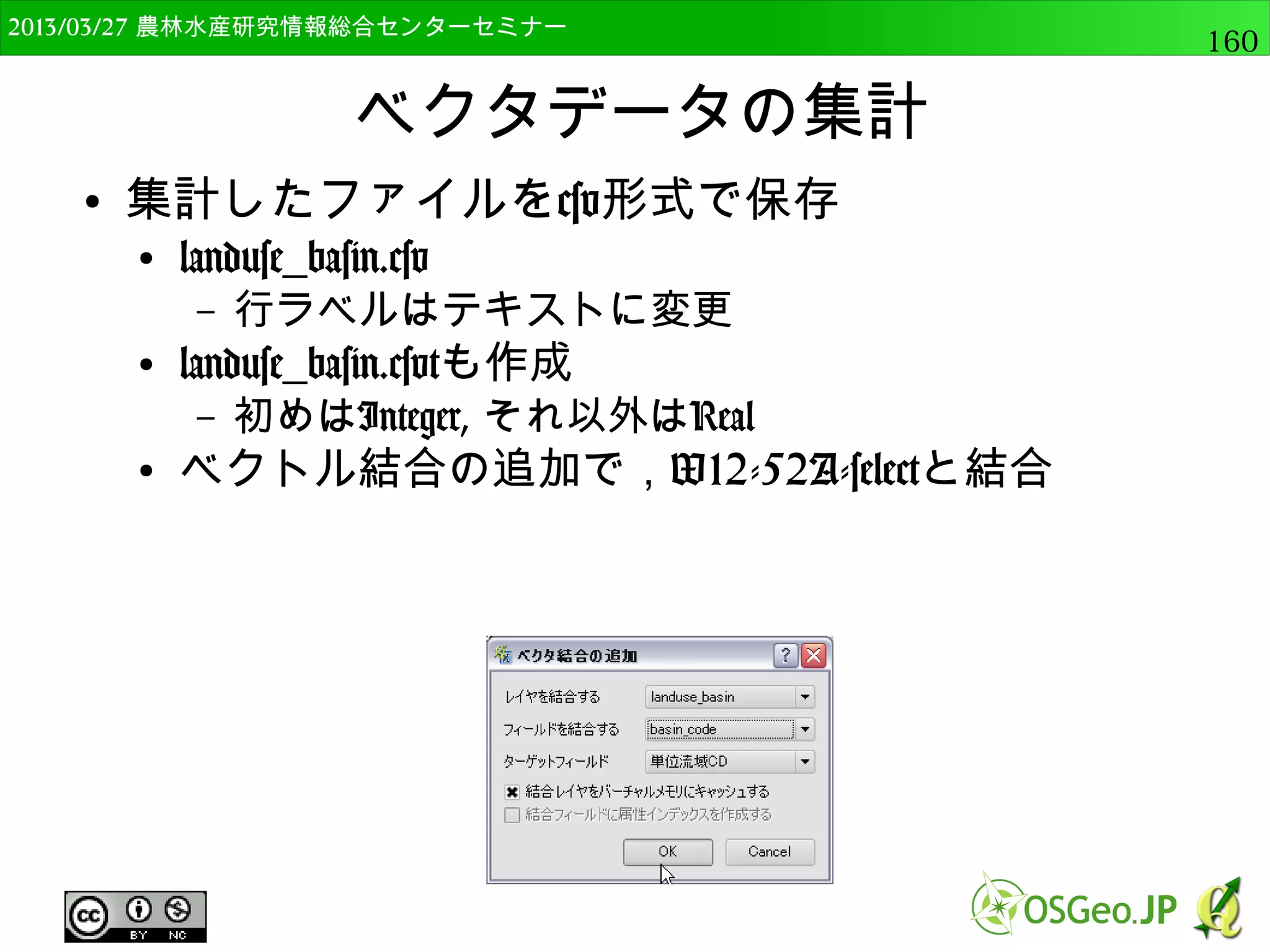 　OSGeo財団日本支部 QGISセミナー中級160 
Pythonコンソールの利用 
PythonからRの 
機能の呼び出し 
実践的な分析 
 