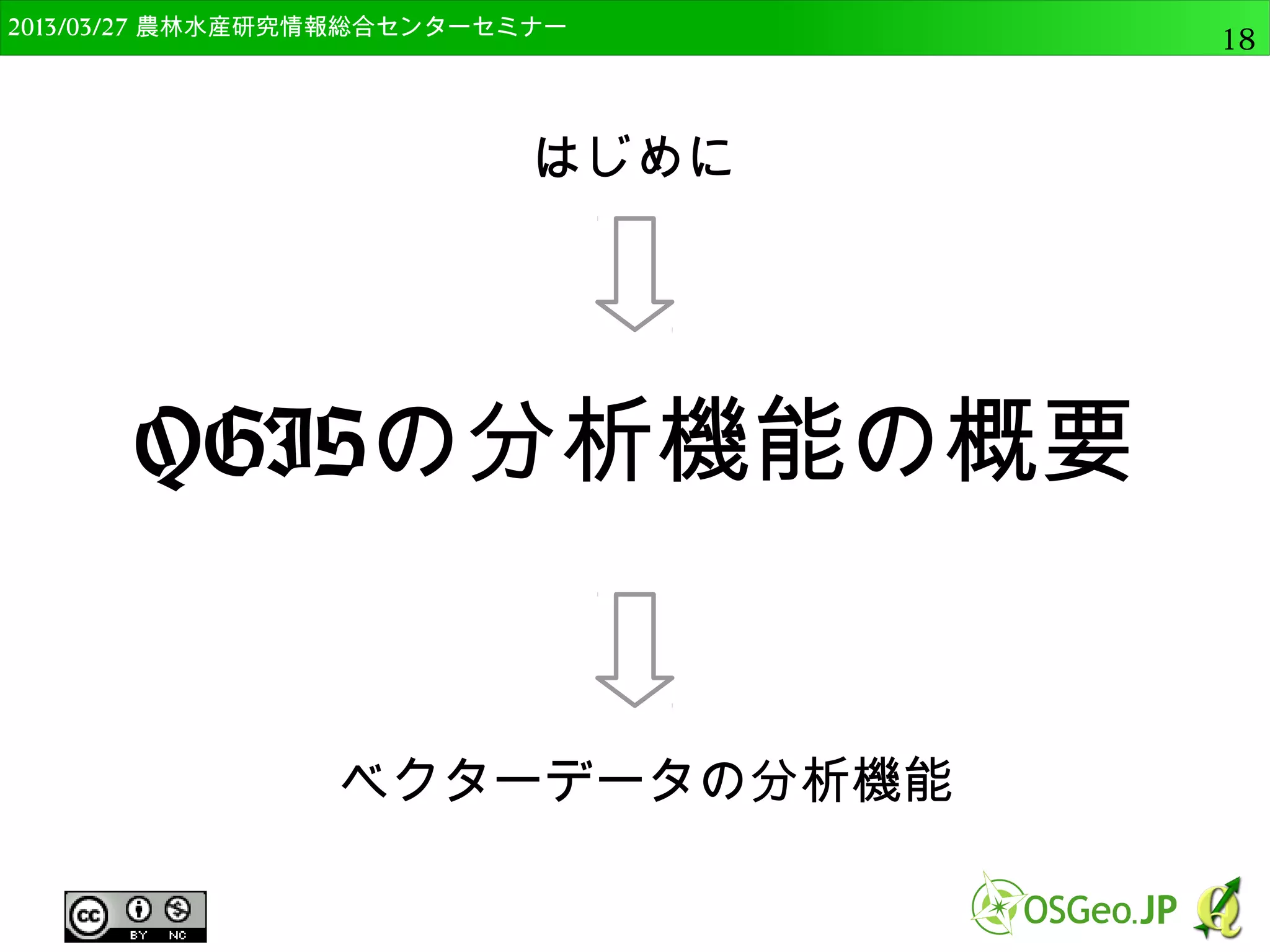 　OSGeo財団日本支部 QGISセミナー中級18 
はじめに 
OSGeo4W版QGISの 
インストール 
ベクターデータの分析機能 
 