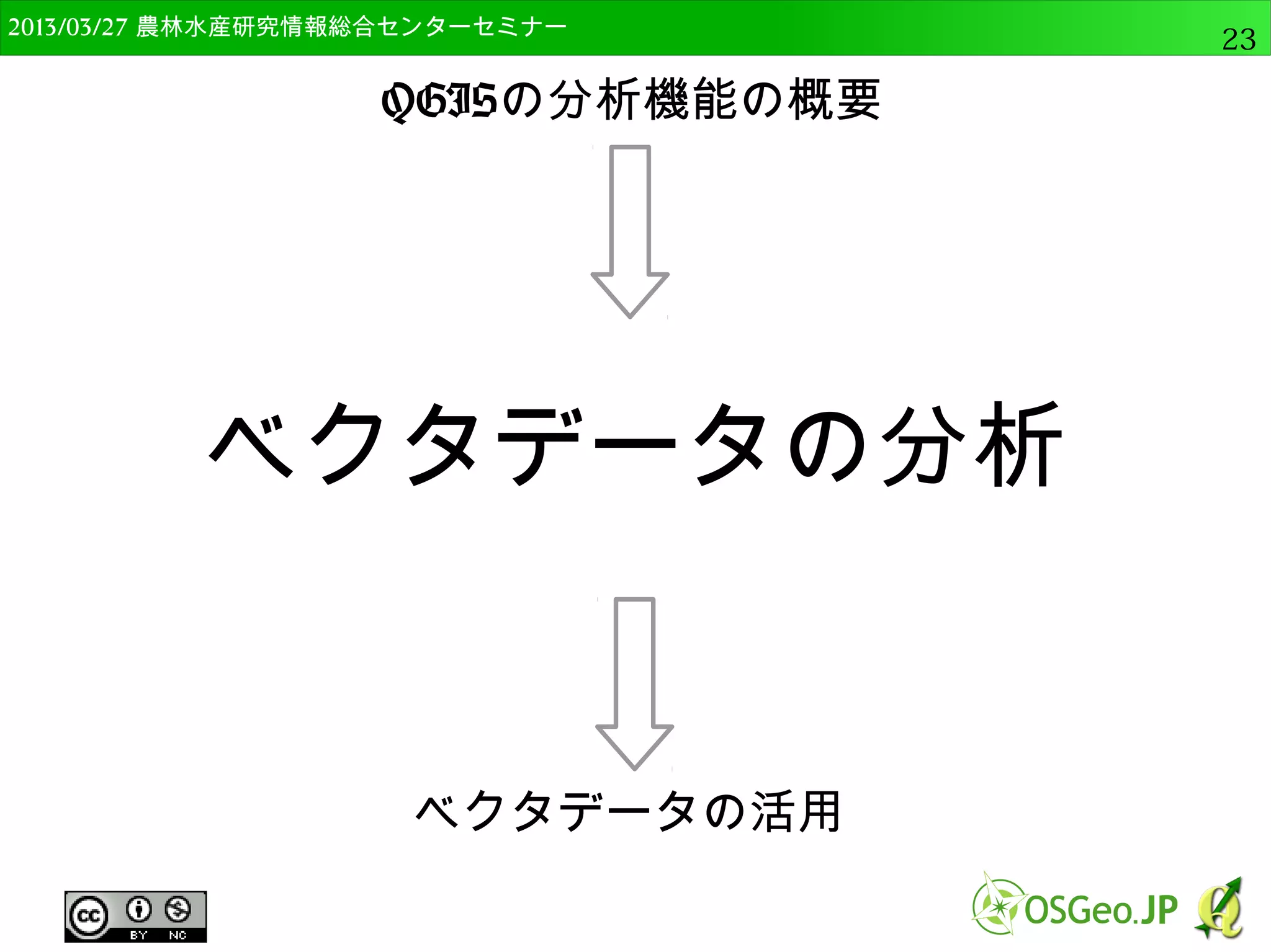 　OSGeo財団日本支部 QGISセミナー中級23 
OSGeo4W版QGISのインストール 
● 「ローカルパッケージディレクトリ」は 
「C:tmp」に設定 
● インストールするソフトを保存しておくところ 
● インターネット接続→それぞの環境に依存 
● 通常は直接接続 
 