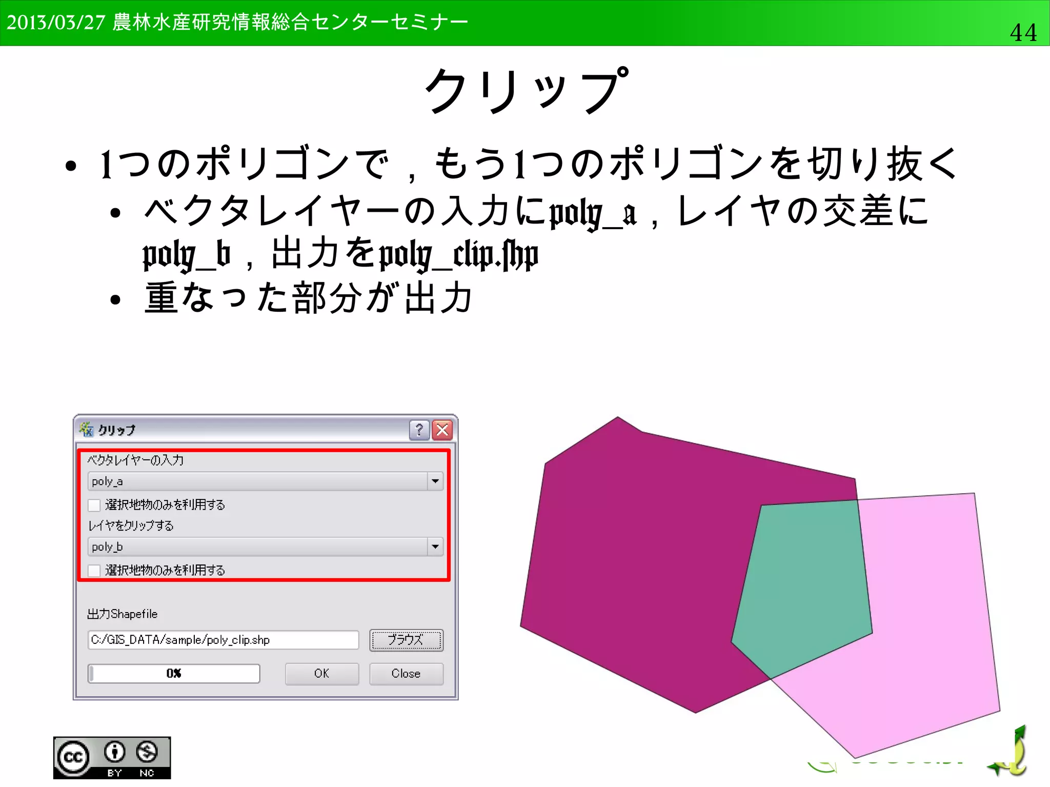 　OSGeo財団日本支部 QGISセミナー中級44 
QGISの分析機能 
● mmqgis 
● fToolsと同様にベクタの分析を行う 
– 補完的に利用できる 
● プロセッシングツールボックス 
● 高度な分析を行うプラグイン 
– GRASS, R, SAGAと連携可能 
● 高機能な分析ツール 
● 別途インストールが必要 
● そのほかにも多くの単機能分析ツールがある。 
 