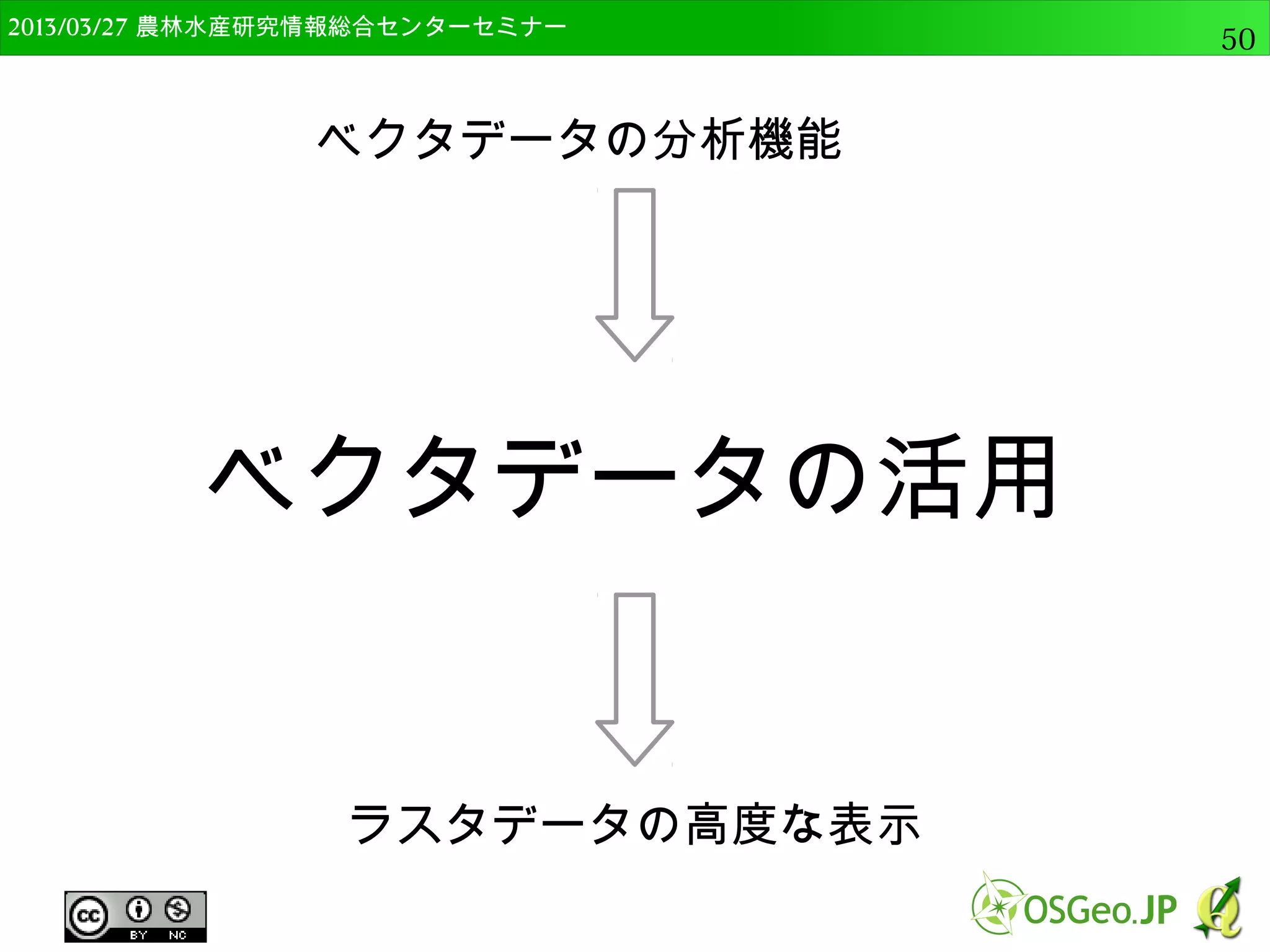 　OSGeo財団日本支部 QGISセミナー中級50 
ジオメトリツール 
● ベクタデータの幾何学的属性 
（位置，形，形式など）の操作 
● ジオメトリカラムの出力/追加 
– 座標や面積を追加 
● ポリゴンをラインにする 
– 形式の変換 
 