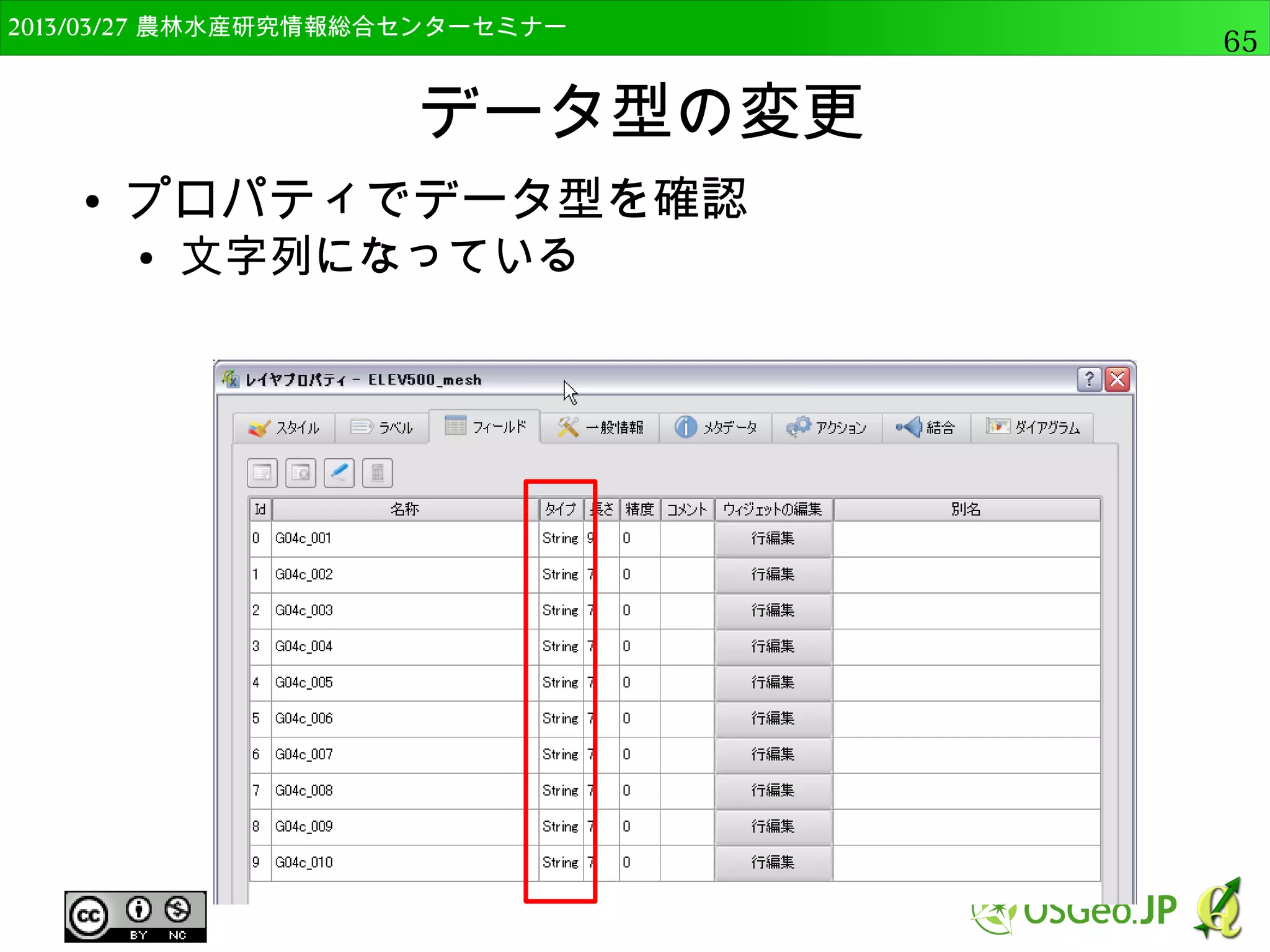 　OSGeo財団日本支部 QGISセミナー中級65 
バッファ 
● 点から10のバッファーが生成 
– 平面直角だから10m。緯度経度では”度”なので注意 
● 距離を100にすれば100になる 
10ｍのバッファ 
100ｍのバッファ 
 