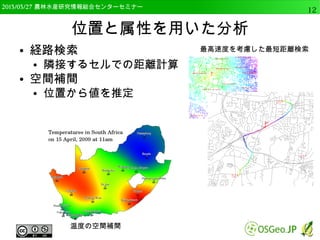 　OSGeo財団日本支部 QGISセミナー中級12 
位置と属性を用いた分析 
● 経路検索 
● 隣接するセルでの距離計算 
● 空間補間 
● 位置から値を推定 
温度の空間補間最高速度を考慮した最短距離検索 
 
