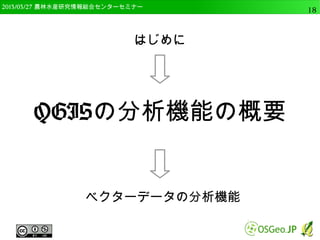 　OSGeo財団日本支部 QGISセミナー中級18 
はじめに 
OSGeo4W版QGISの 
インストール 
ベクターデータの分析機能 
 