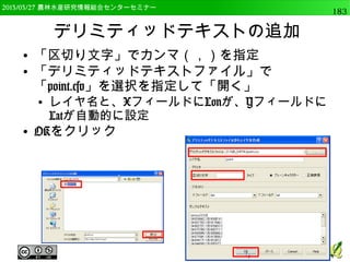 　OSGeo財団日本支部 QGISセミナー中級183 
DEMから様々な地形指標の解析 
● 続いて同様にprocessingモジュールで”aspect”と 
いうキーワードでアルゴリズムを検索 
processing.alglist("aspect") 
 