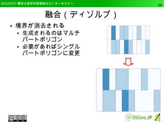 　OSGeo財団日本支部 QGISセミナー中級48 
座標系に関する設定 
● GISデータは位置情報を持っている 
● 測地系・座標系に関する情報が無い場合もある 
– そうしたデータを開くときのルールを決めておく 
– 設定しないと地図が重ならない場合も 
● メニューの「設定」→「オプション」をクリック 
● 「オプション」が表示されるので、「CRS」を選 
択、「CRSを確認する」をチェックして「OK」 
– CRSはCoordinate reference System, 座標参照系 
の略です。 
 