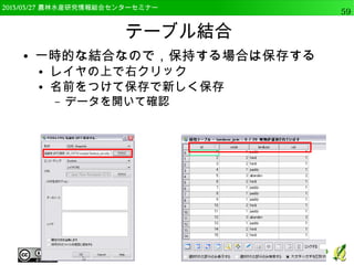 　OSGeo財団日本支部 QGISセミナー中級59 
調査ツール 
● データの選択や定型的データの作成 
● ランダム選択・サブセットのランダ 
ム選択 
– 一定の数や割合で選択。サブセット 
の場合は特定の属性値。 
● ランダム点群・規則的な点群 
– ランダム，または規則的な点を生成 
 