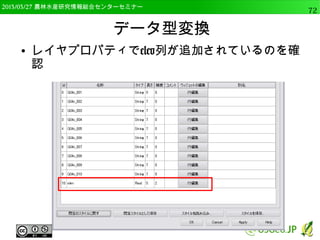 　OSGeo財団日本支部 QGISセミナー中級72 
融合（ディゾルブ） 
● 境界が消去される 
● 生成されるのはマルチ 
パートポリゴン 
● 必要があればシングル 
パートポリゴンに変更 
 