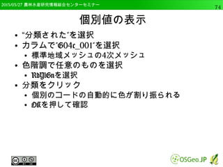 　OSGeo財団日本支部 QGISセミナー中級74 
ベクタデータの分析機能 
ベクタデータの活用 
ラスタデータの高度な表示 
 