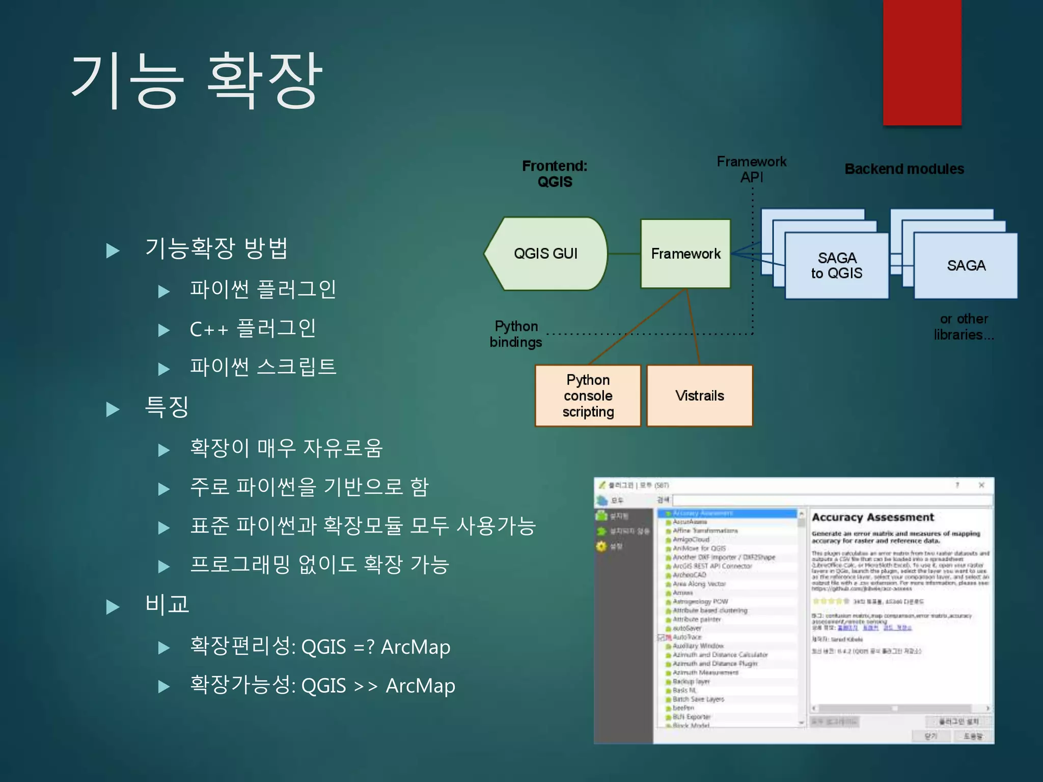 기능 확장
 기능확장 방법
 파이썬 플러그인
 C++ 플러그인
 파이썬 스크립트
 특징
 확장이 매우 자유로움
 주로 파이썬을 기반으로 함
 표준 파이썬과 확장모듈 모두 사용가능
 프로그래밍 없이도 확장 가능
 비교
 확장편리성: QGIS =? ArcMap
 확장가능성: QGIS >> ArcMap
 