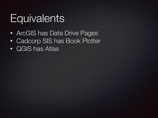 Equivalents
• ArcGIS has Data Drive Pages
• Cadcorp SIS has Book Plotter
• QGIS has Atlas
 