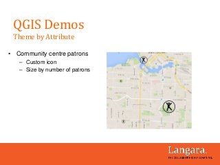 • Community centre patrons
– Custom icon
– Size by number of patrons
QGIS Demos
Theme by Attribute
 