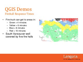 • Fire truck can get to areas in:
– Green = 4 minutes
– Yellow = 6 minutes
– Blue = 8 minutes
– Red = 10 minutes
• South Vancouver well
covered by five fire halls
QGIS Demos
Firehall Response Times
 