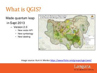 What is QGIS?
Made quantum leap
in Sept 2013
– Version 2.0
• New vector API
• New symbology
• New labeling
Image source: Kurt A. Menke https://www.flickr.com/groups/qgis/pool/
 