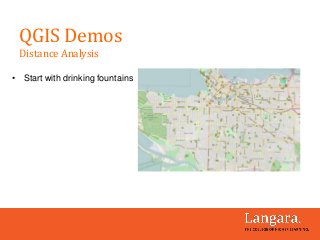 • Start with drinking fountains
QGIS Demos
Distance Analysis
 