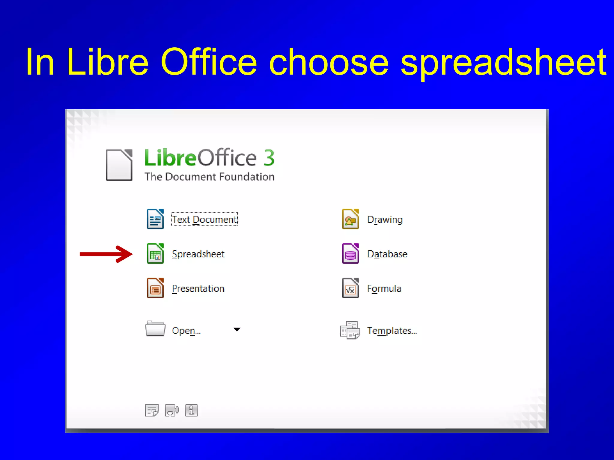 In Libre Office choose spreadsheet
 