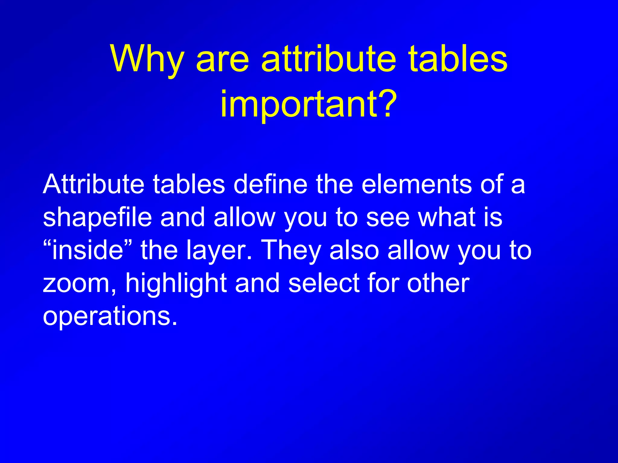 Why are attribute tables
important?
Attribute tables define the elements of a
shapefile and allow you to see what is
“inside” the layer. They also allow you to
zoom, highlight and select for other
operations.
 