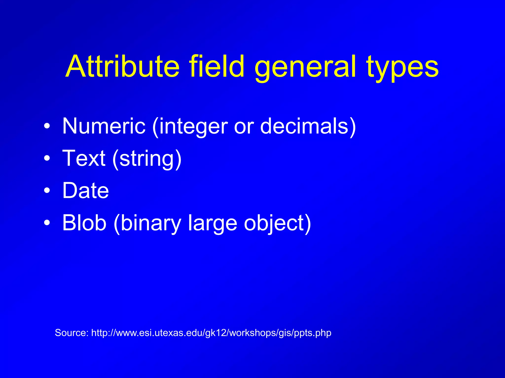 Attribute field general types
• Numeric (integer or decimals)
• Text (string)
• Date
• Blob (binary large object)
Source: http://www.esi.utexas.edu/gk12/workshops/gis/ppts.php
 