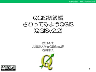 2014/6/29 FOSS4GHokkadio
QGIS初級編  
さわってみようQGIS
(QGISv2.2)
1
2014/6
北海道大学ｘOSGeoJP
古川泰人
 