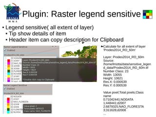 Plugin: Raster legend sensitive
● Legend sensitive( all extent of layer)
● Tip show details of item
● Header item can copy description for Clipboard
Calculate for all extent of layer
'Prodes2014_RO_60m'
Layer: Prodes2014_RO_60m
Source:
/home/lmotta/data/sensitive_legen
d_data/Prodes2014_RO_60m.tif
Number Class: 23
Width: 13055
Height: 10621
Res.X: 0.000539
Res.Y: 0.000539
Value pixel;Total pixels;Class
name
0;71042441;NODATA
1;448441;d2007
2;6879325;NAO_FLORESTA
3;311628;d2008
...
 