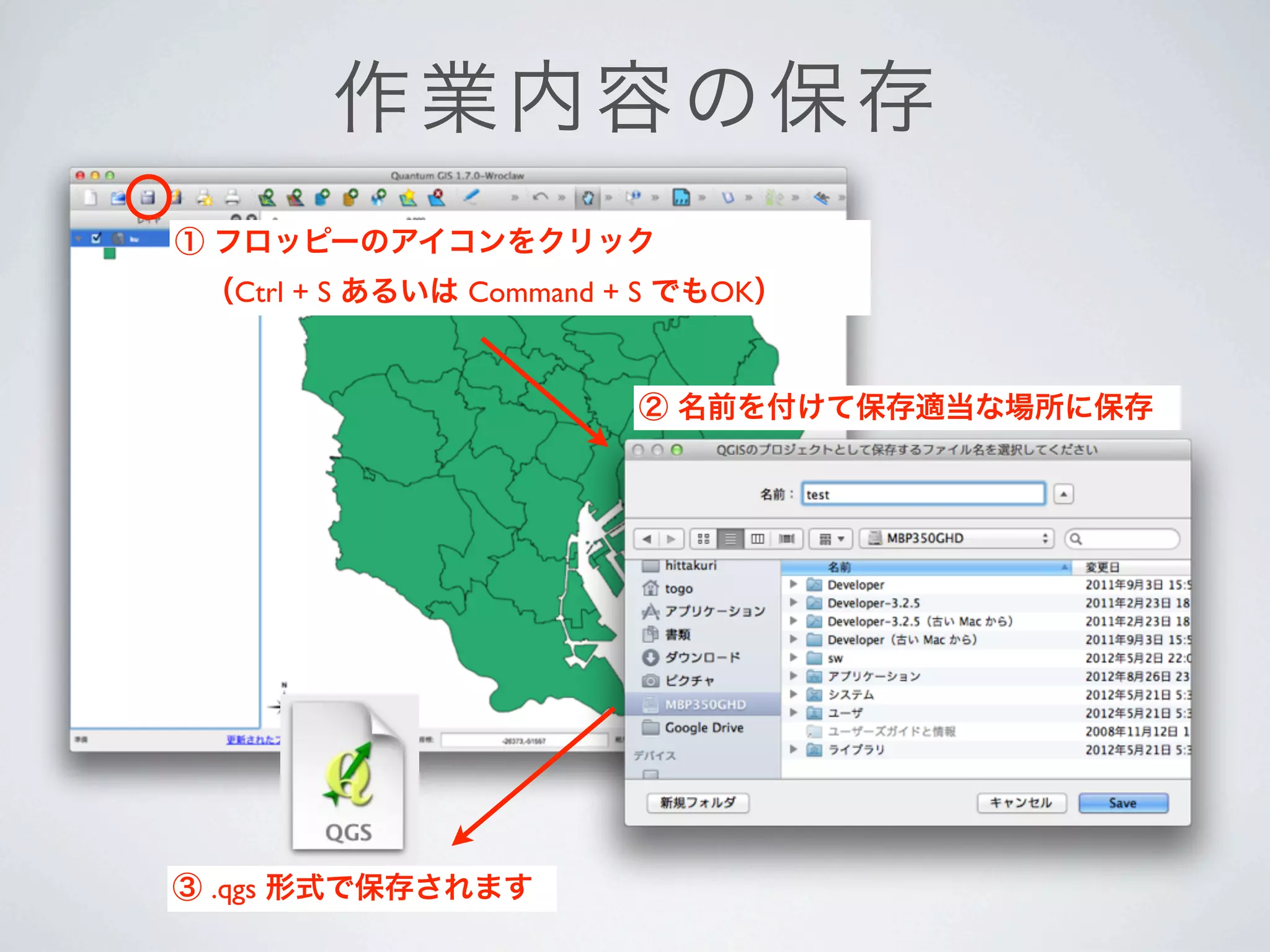 作業 内 容の保存
① フロッピーのアイコンをクリック
 （Ctrl + S あるいは Command + S でもOK）


                         ② 名前を付けて保存適当な場所に保存




③ .qgs 形式で保存されます
 