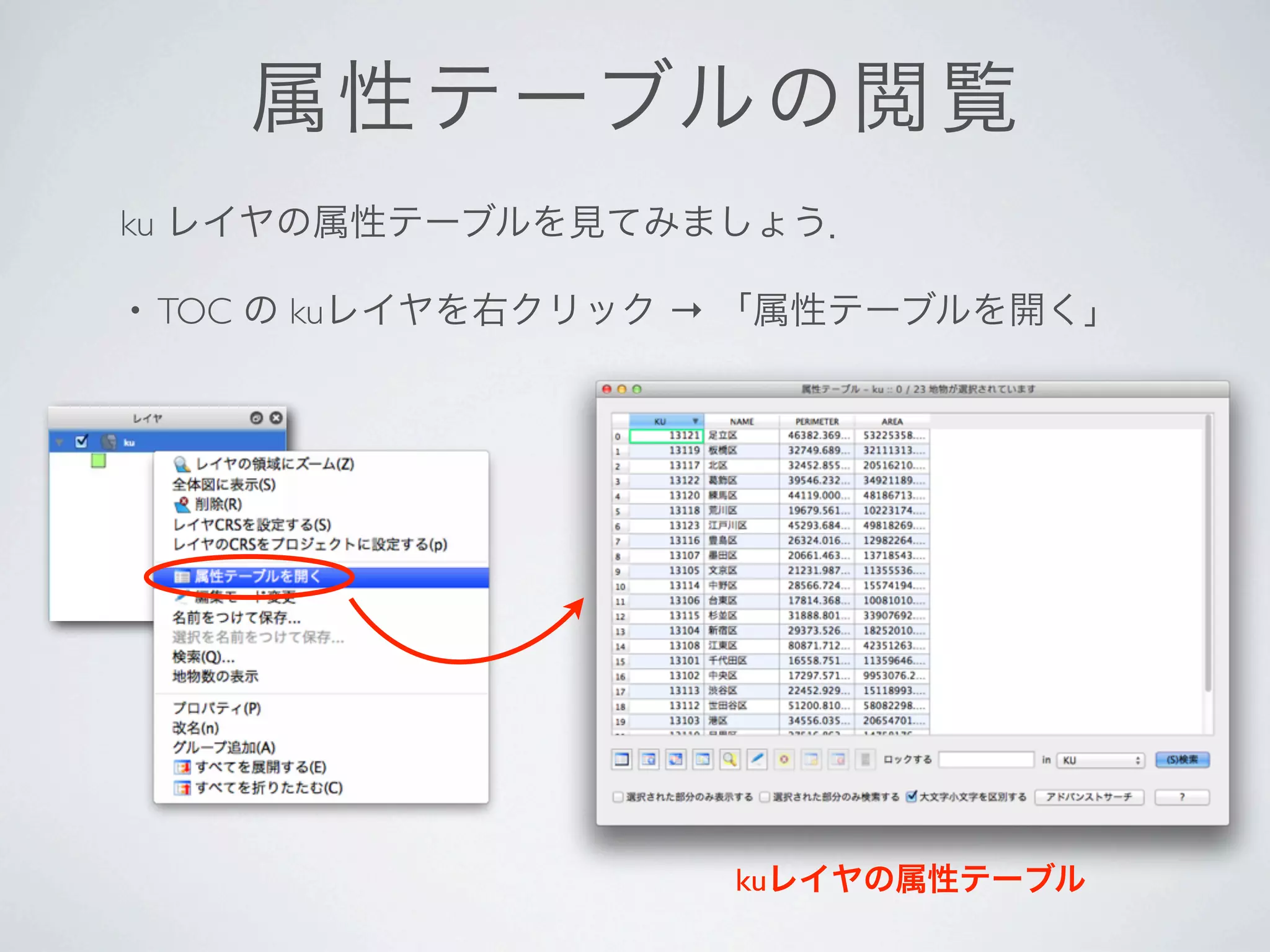 属 性テーブルの 閲覧
ku レイヤの属性テーブルを見てみましょう．

•   TOC の kuレイヤを右クリック → 「属性テーブルを開く」




                      kuレイヤの属性テーブル
 