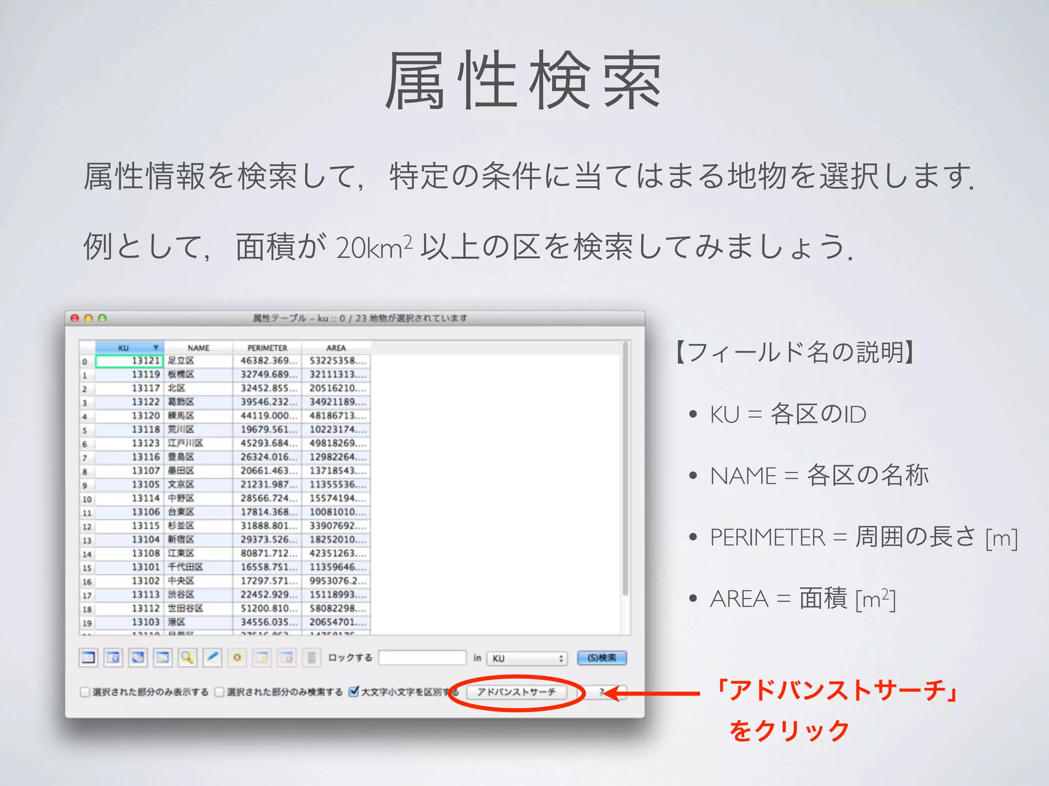 属性 検索
属性情報を検索して，特定の条件に当てはまる地物を選択します．

例として，面積が 20km2 以上の区を検索してみましょう．


                     【フィールド名の説明】

                      • KU = 各区のID
                      • NAME = 各区の名称

                      • PERIMETER = 周囲の長さ [m]

                      • AREA = 面積 [m2]

                       「アドバンストサーチ」
                        をクリック
 