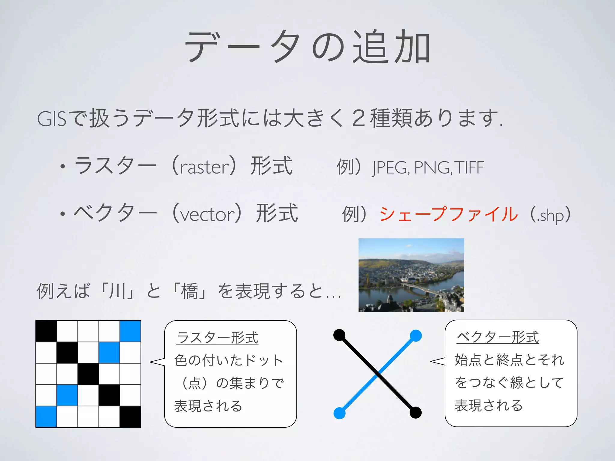 デ ータの追 加
GISで扱うデータ形式には大きく２種類あります.

 •   ラスター（raster）形式  例）JPEG, PNG, TIFF

 •   ベクター（vector）形式  例）シェープファイル（.shp）


例えば「川」と「橋」を表現すると…

             ラスター形式                ベクター形式
             色の付いたドット              始点と終点とそれ
             （点）の集まりで              をつなぐ線として
             表現される                 表現される
 