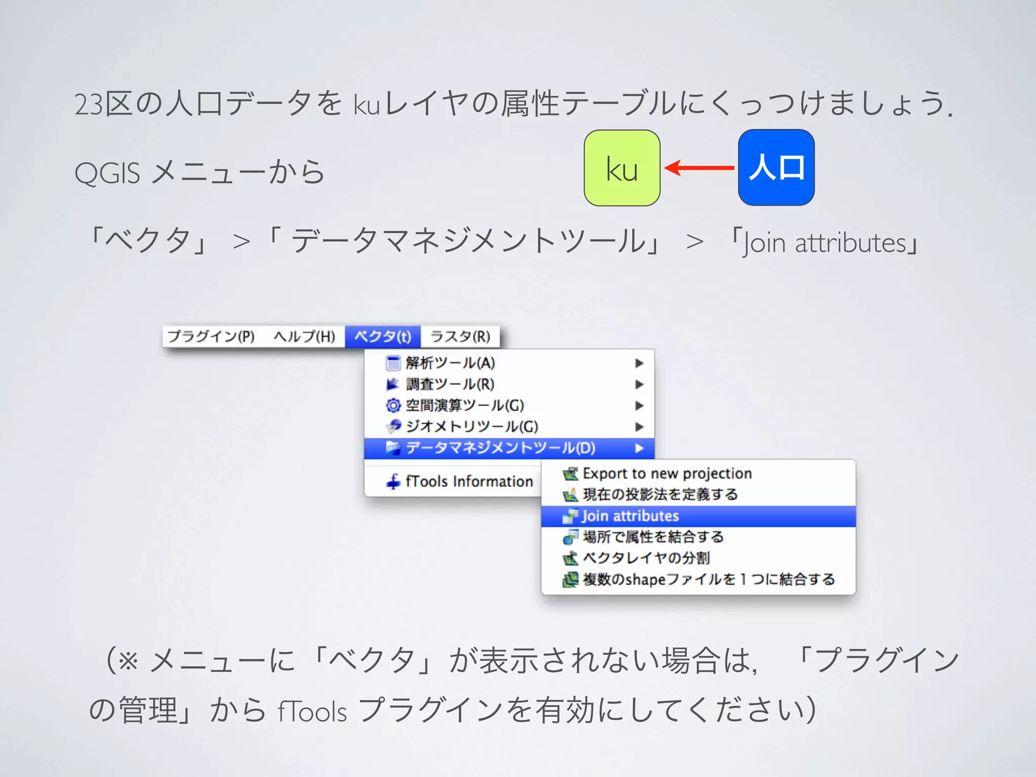 23区の人口データを kuレイヤの属性テーブルにくっつけましょう．

QGIS メニューから              ku     人口

「ベクタ」 >「 データマネジメントツール」 > 「Join attributes」




（※ メニューに「ベクタ」が表示されない場合は，「プラグイン
の管理」から fTools プラグインを有効にしてください）
 