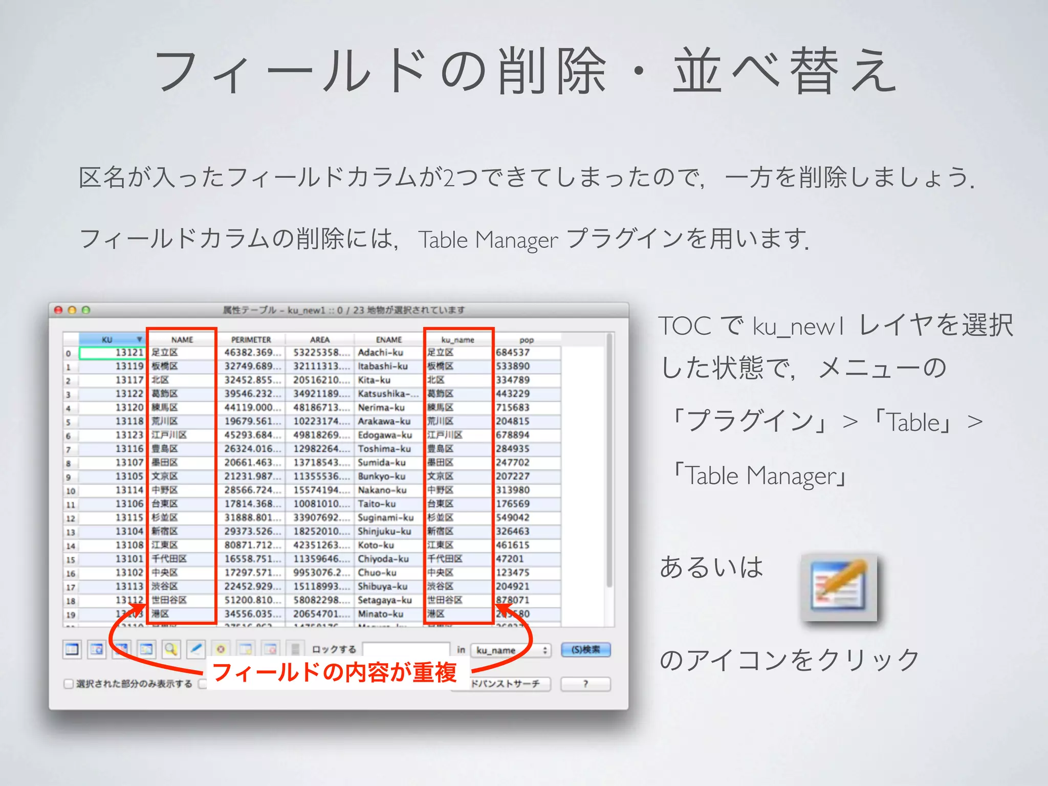 フィ ール ド の 削 除 ・ 並 べ 替 え
区名が入ったフィールドカラムが2つできてしまったので，一方を削除しましょう．

フィールドカラムの削除には，Table Manager プラグインを用います．


                              TOC で ku_new1 レイヤを選択
                              した状態で，メニューの

                              「プラグイン」>「Table」>

                              「Table Manager」


                              あるいは


      フィールドの内容が重複             のアイコンをクリック
 