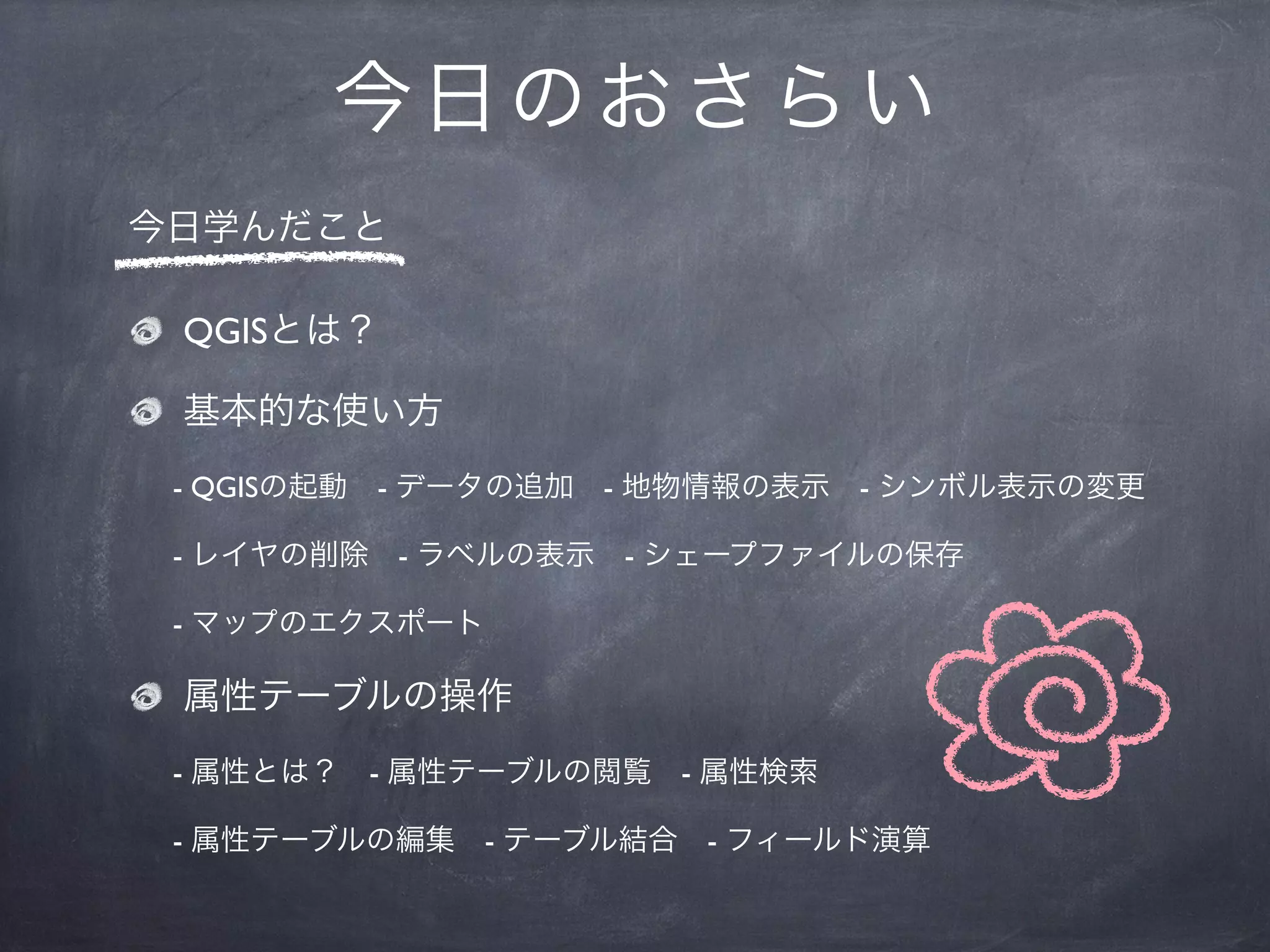 今 日のおさらい
今日学んだこと

 QGISとは？

 基本的な使い方
 - QGISの起動 - データの追加 - 地物情報の表示 - シンボル表示の変更

 - レイヤの削除 - ラベルの表示 - シェープファイルの保存

 - マップのエクスポート

 属性テーブルの操作
 - 属性とは？ - 属性テーブルの閲覧 - 属性検索

 - 属性テーブルの編集 - テーブル結合 - フィールド演算
 