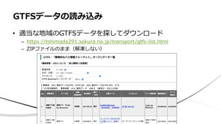 • 適当な地域のGTFSデータを探してダウンロード
– https://tshimada291.sakura.ne.jp/transport/gtfs-list.html
– ZIPファイルのまま（解凍しない）
GTFSデータの読み込み
 