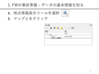 1. FWの事前準備 – データの基本情報を知る
4. 地点情報表示ツールを選択
5. マップ上をクリック
14
 