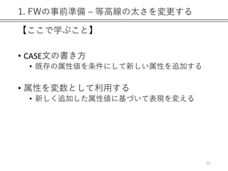1. FWの事前準備 – 等高線の太さを変更する
【ここで学ぶこと】
• CASE文の書き方
• 既存の属性値を条件にして新しい属性を追加する
• 属性を変数として利用する
• 新しく追加した属性値に基づいて表現を変える
23
 
