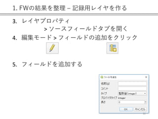 1. FWの結果を整理 – 記録用レイヤを作る
3. レイヤプロパティ
> ソースフィールドタブを開く
4. 編集モード > フィールドの追加をクリック
5. フィールドを追加する
32
 