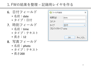 1. FWの結果を整理 – 記録用レイヤを作る
6. 日付フィールド
• 名前：date
• タイプ：日付
7. 時刻フィールド
• 名前：time
• タイプ：テキスト
• 長さ：12
8. 写真フィールド
• 名前：photo
• タイプ：テキスト
• 長さ200
33
 